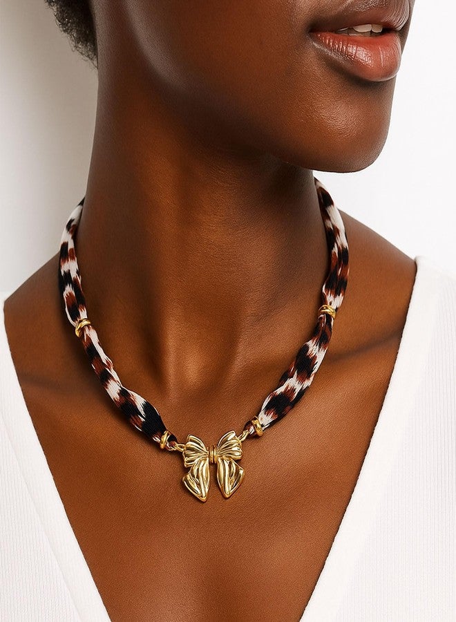 TACBSP Scarf Necklace with Charm for Women Leopard Scarf Charm Necklace Vintage Bow Heart Cross Leopard Necklaces Boho Layered Pearl Coin Necklaces Summer Jewelry Gift (D) - Image 5